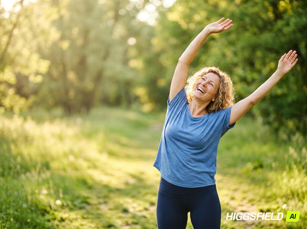 Older woman stretching outdoors, feeling free from sciatica pain